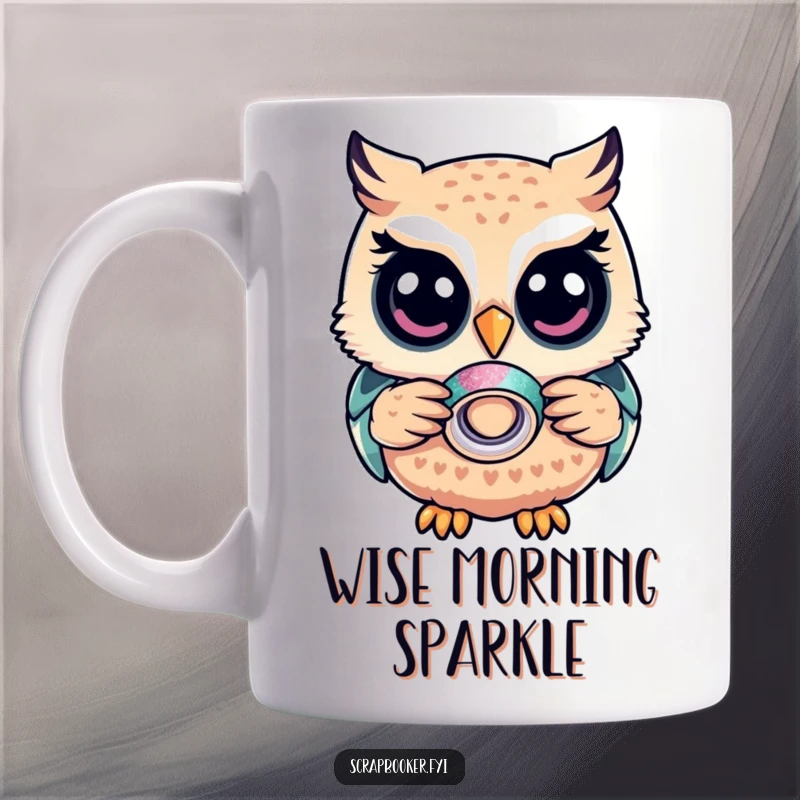 Funny Owl Mug: A content owl proudly holding glitter tape, ideal for crafters and stationery lovers, a whimsical and funny gift.
