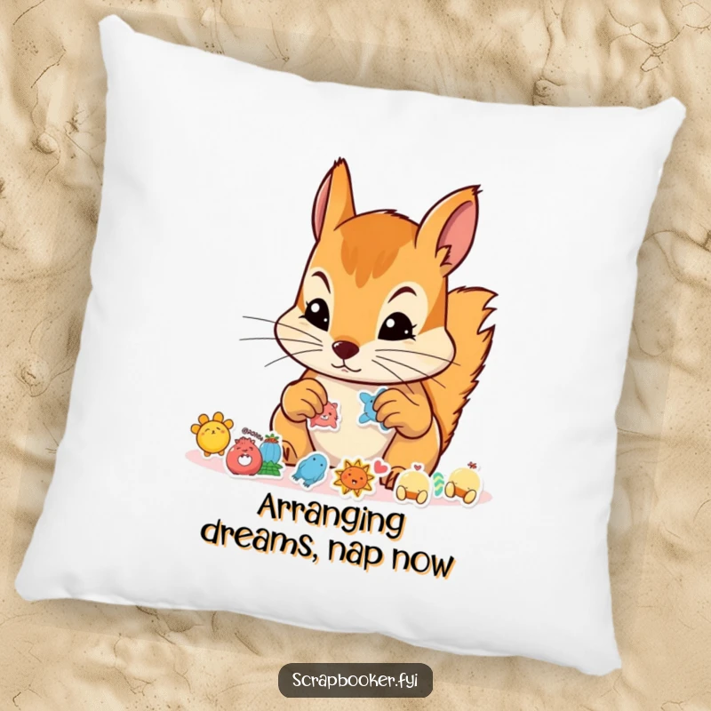 Funny pillow featuring a dedicated squirrel meticulously applying stickers, perfect for adding humor to home decor.
