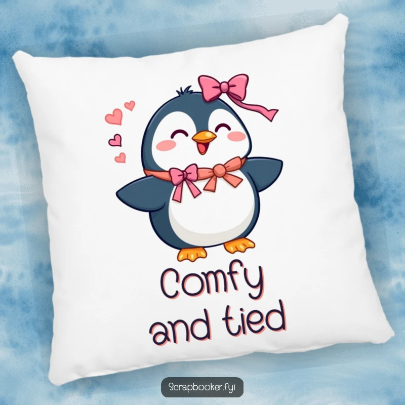 Funny penguin pillow featuring a beaming character adding ribbons and bows, perfect for cozy festive comfort.