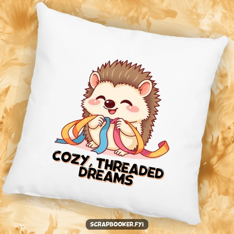 Funny hedgehog craft pillow with a giggling hedgehog threading ribbon, perfect for comfort and as a funny gift.