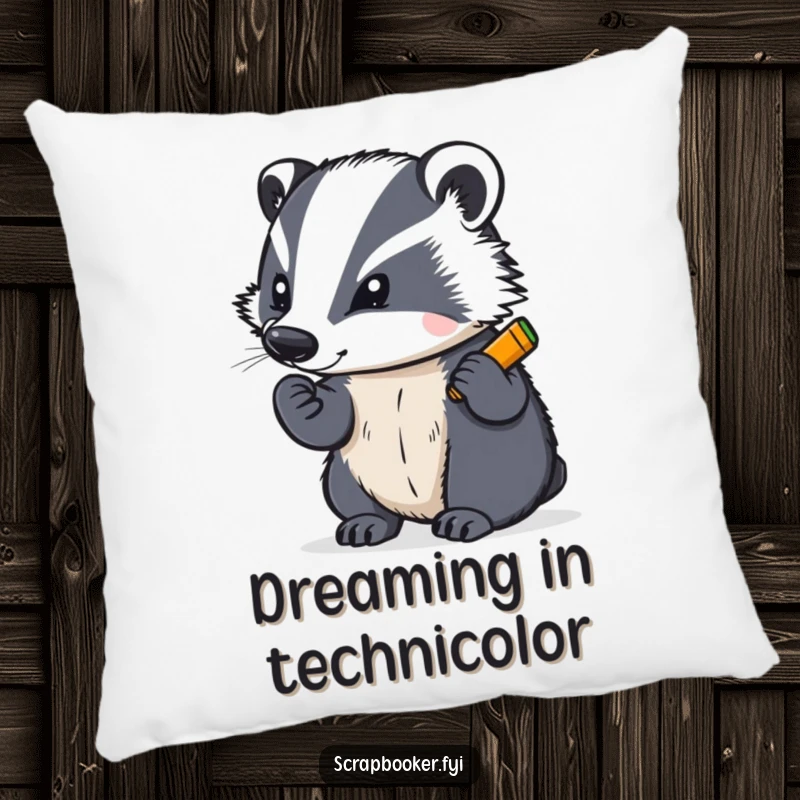 Funny pillow featuring a determined badger writing with a bright crayon, adding a cozy and artistic touch to any room.