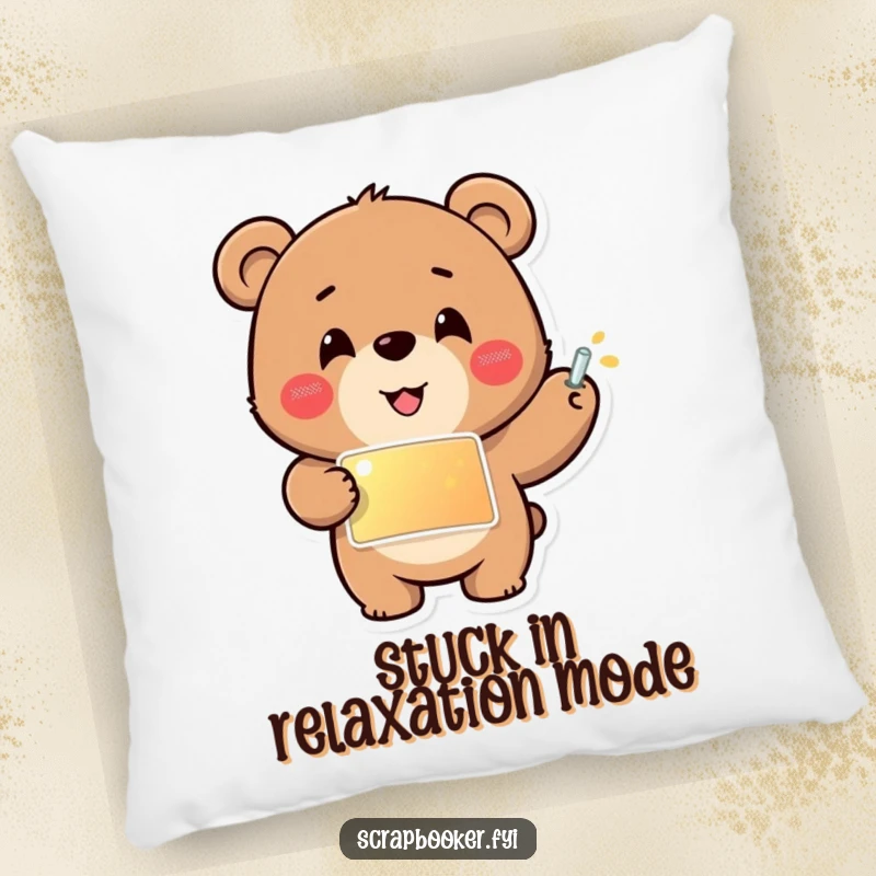 Funny pillow featuring a cheerful bear carefully gluing a shiny sticker into place, adding a cozy and whimsical touch to any room.