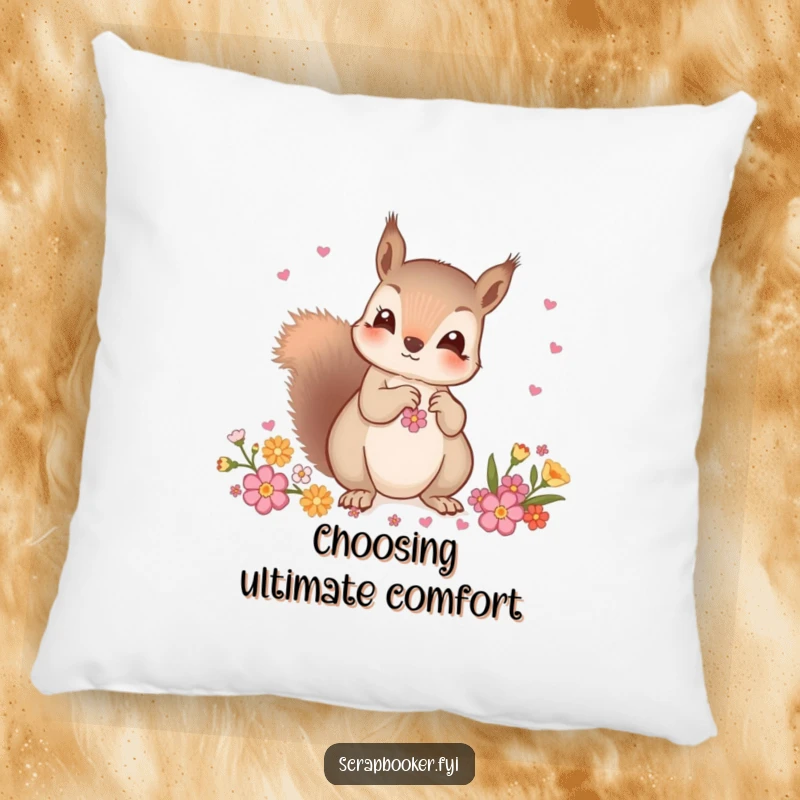 Funny pillow featuring a curious squirrel carefully choosing decorative embellishments, adding a touch of cozy, stylish charm.