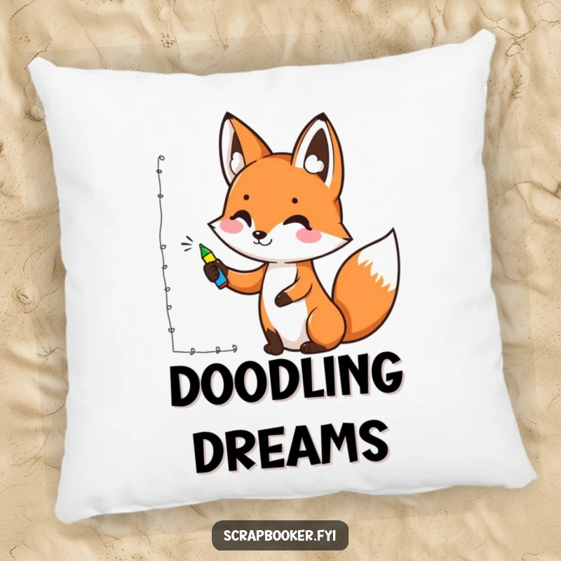 Funny pillow featuring a cheerful fox drawing a decorative border with a marker, offering comfort and a touch of artistic humor.