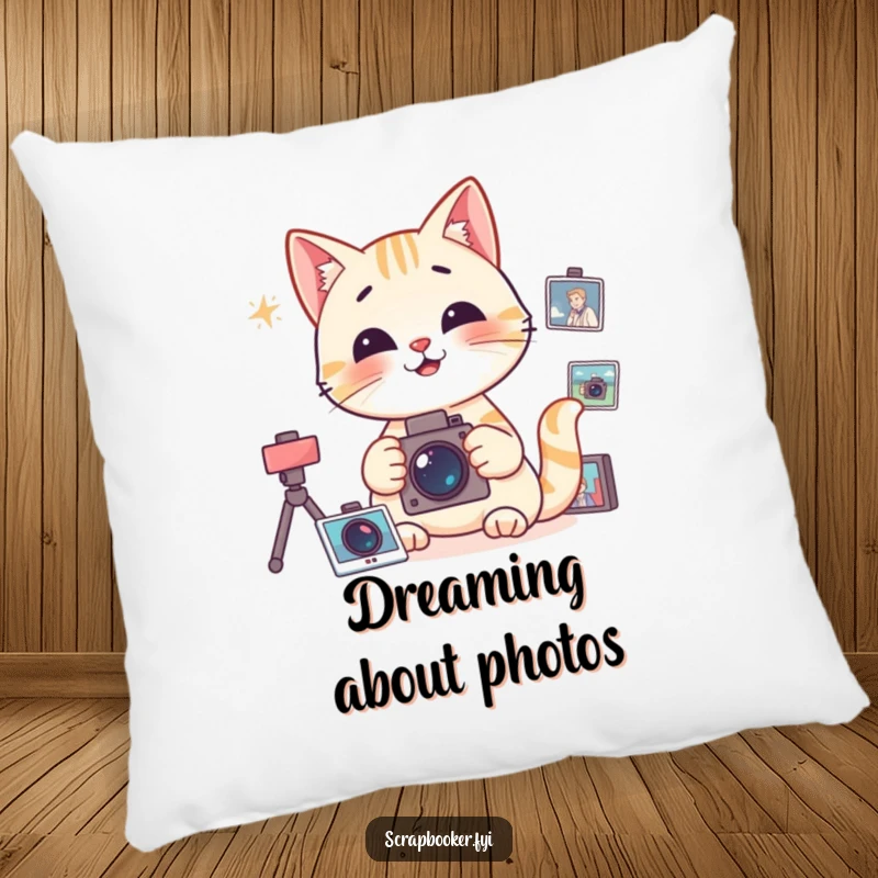 Funny Pillow with a happy cat focused on organizing photos, offering comfort and a touch of order.