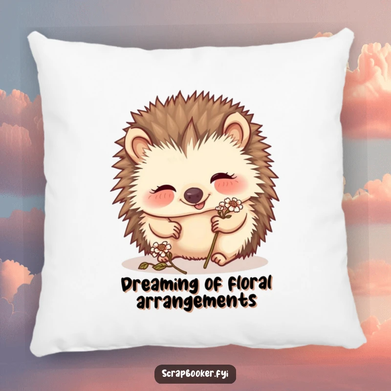 Funny hedgehog pillow with a giggling artist meticulously placing a tiny dried flower, offering cozy artistic humor.