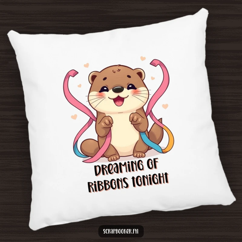 Funny Otter Pillow: Soft, decorative pillow with a cheerful otter artist busy arranging a pile of colorful ribbons, adding whimsy.