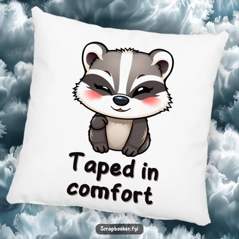 Funny Badger Pillow showing a winking badger adding a final flourish of decorative tape, perfect for comfort.