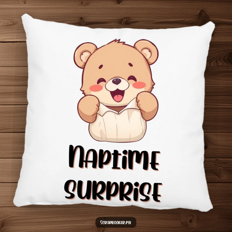Funny pillow featuring a happy bear cub excitedly ripping colorful paper with its paws, symbolizing joy.