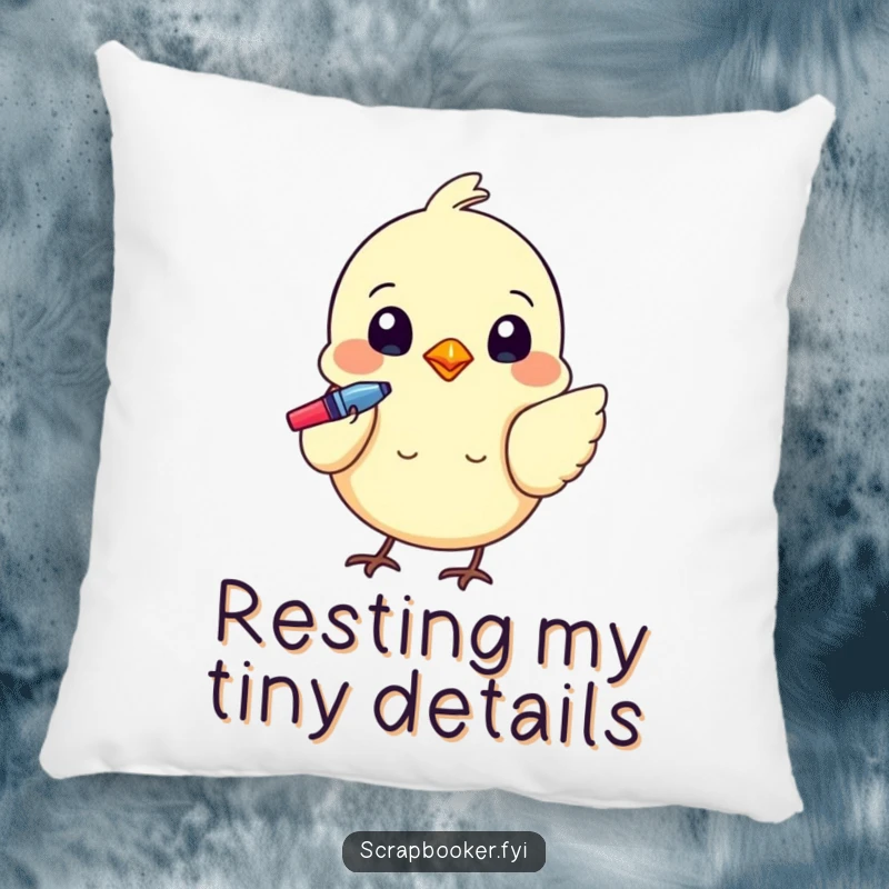 Funny pillow with a tiny bird using a colorful pen to add details, combining comfort and artistic humor.