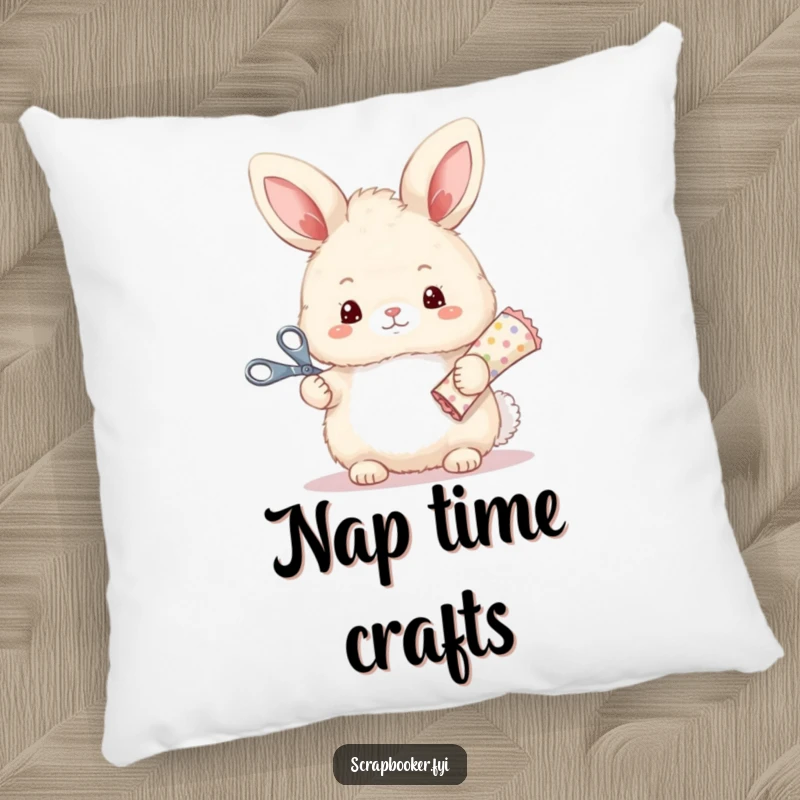 Funny pillow featuring a fluffy bunny with crafting supplies, perfect for adding a touch of cute humor to any room.