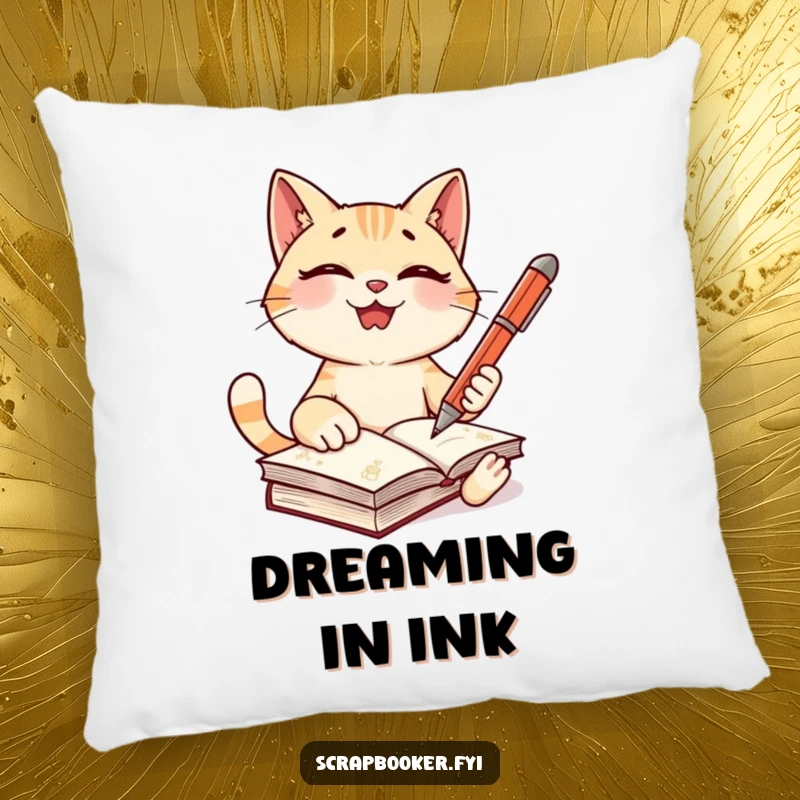 Funny cat pillow featuring a giggling character with a pen, ready to journal, perfect for cozy writing comfort.