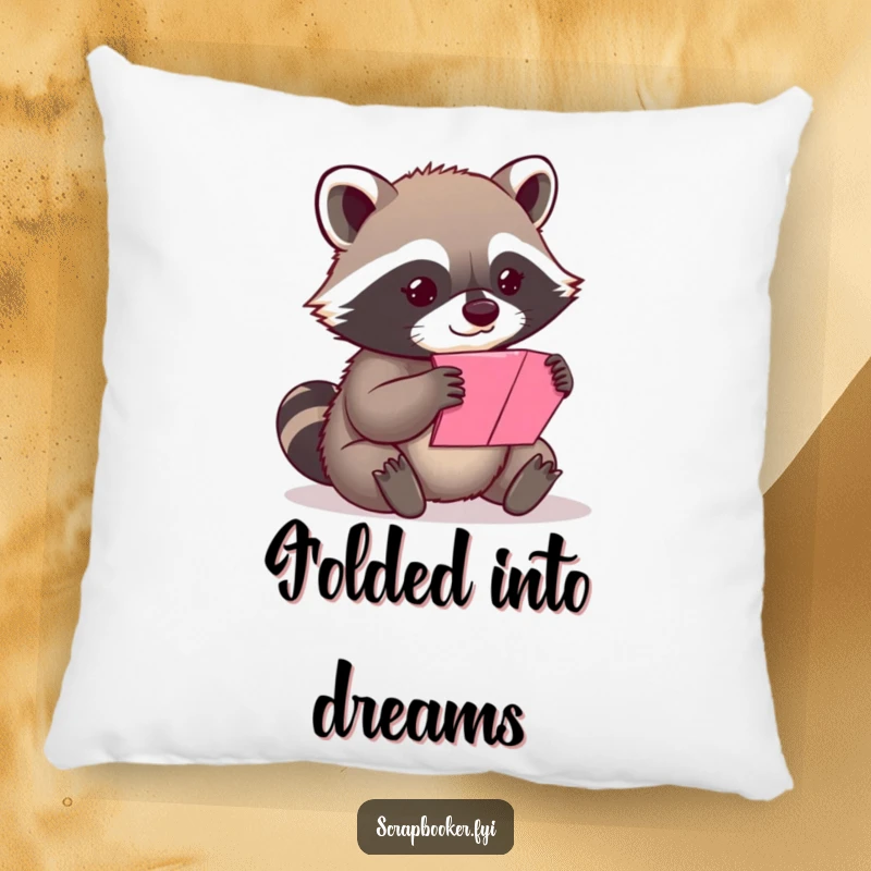 Funny content raccoon carefully folding a colorful piece of paper on a plush pillow, ideal for humorous decor.