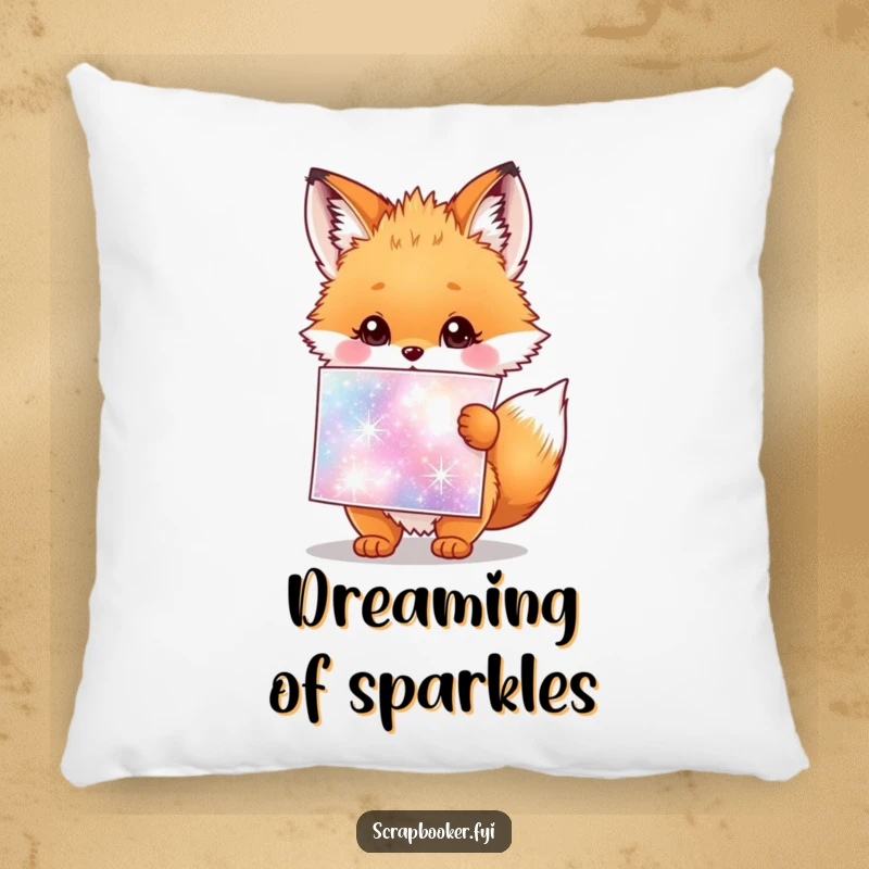 Funny pillow featuring a fluffy fox cub holding a giant sparkly sticker sheet, symbolizing happiness.