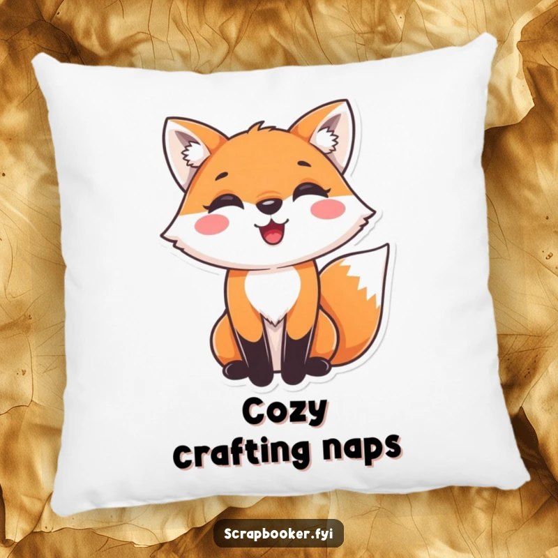Funny fox pillow with a delighted fox gluing decorative paper, offering cozy crafting joy. Perfect gift.