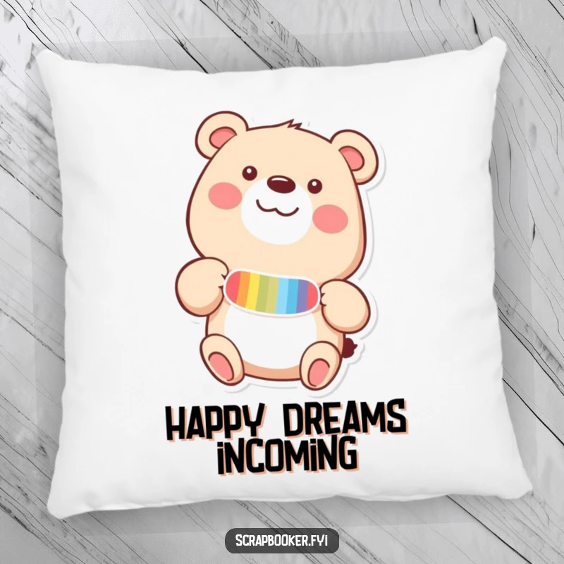 Funny pillow with a happy bear adding a colorful sticker to a page with delight, perfect for cozy comfort and cheer.