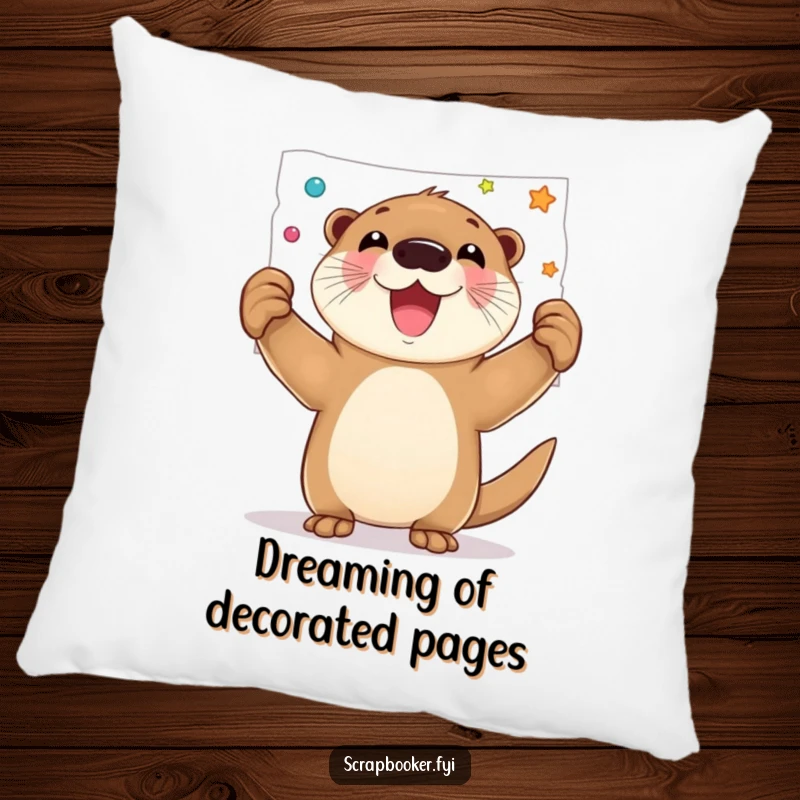 Funny pillow with a joyful otter proudly displaying a decorated page, adding comfort and artistic humor.