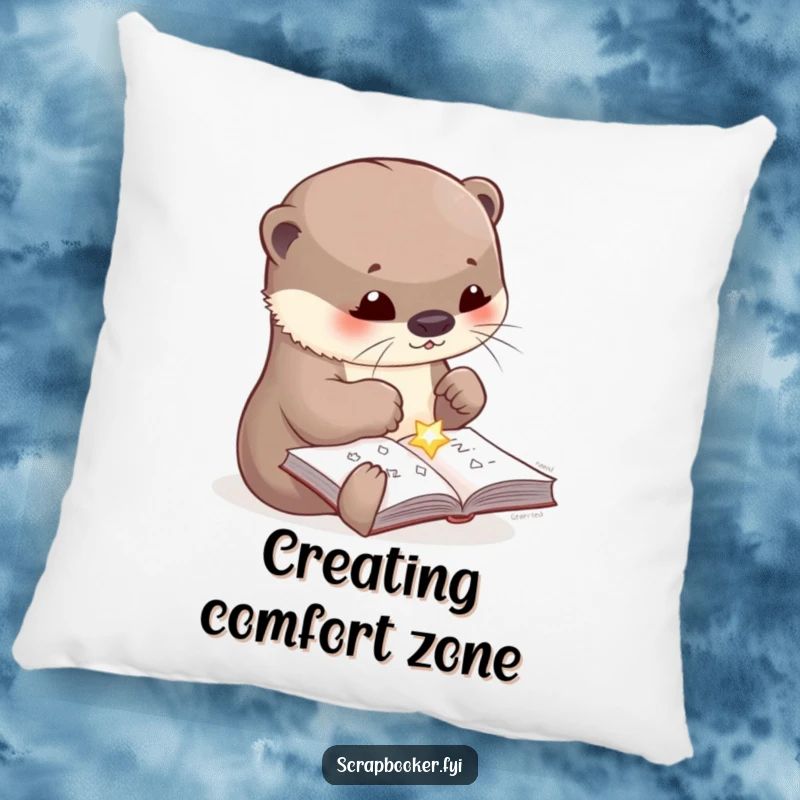 Funny pillow featuring a cute otter meticulously gluing a shiny embellishment onto a craft page, providing comfort and a touch of humor.