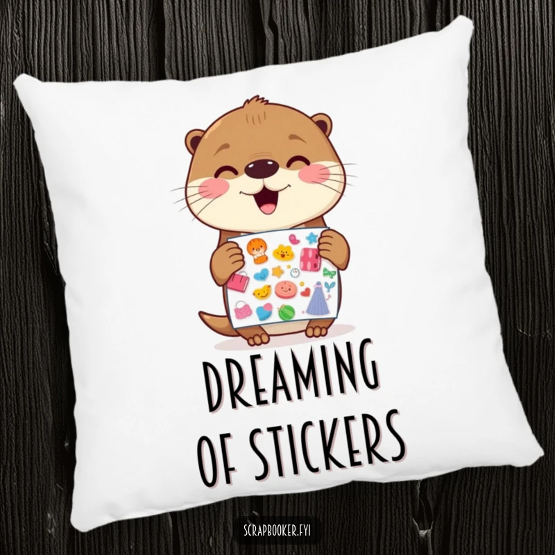 Funny Otter Pillow: A soft pillow featuring a cheerful otter holding a sticker sheet with gleeful anticipation, ideal for adding comfort and humor.