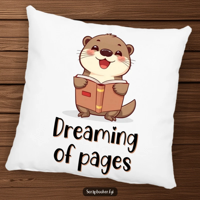 Funny otter scrapbook pillow with a delighted otter holding a scrapbook, perfect for cozying up and as a funny gift.