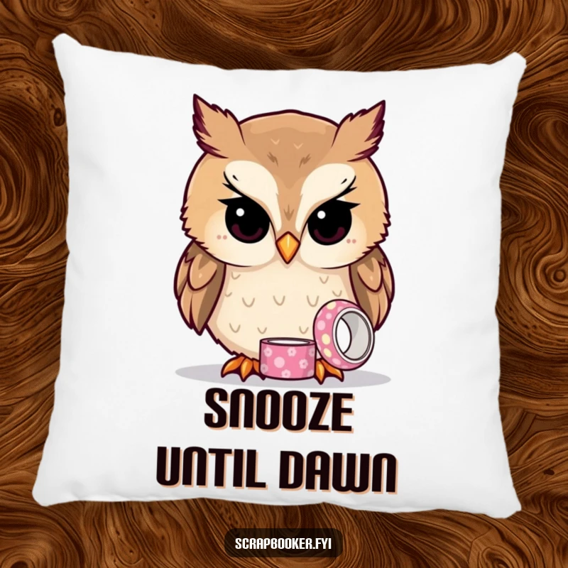 Funny owl pillow featuring a curious owl looking at patterned tape, perfect for cozy and intelligent decor.