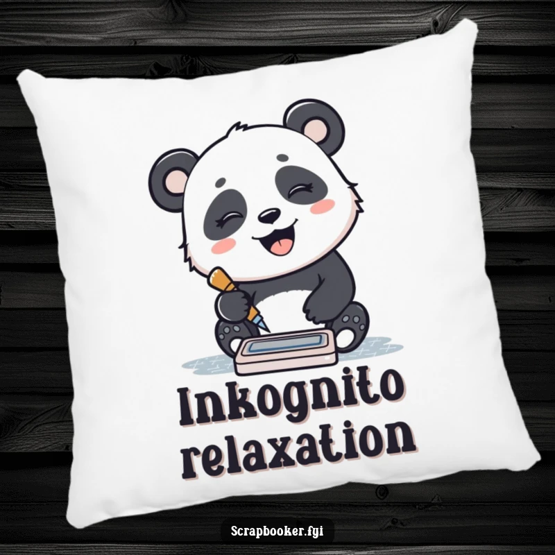 Funny pillow with a giggling panda stamping a pattern with an ink pad, offering comfort and joyful humor.