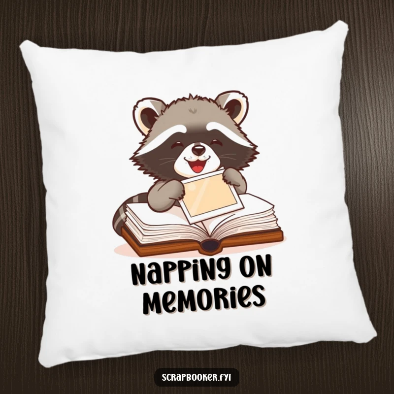Funny Raccoon Pillow showing a delighted raccoon pasting a photo into a book, perfect for adding comfort and humor.