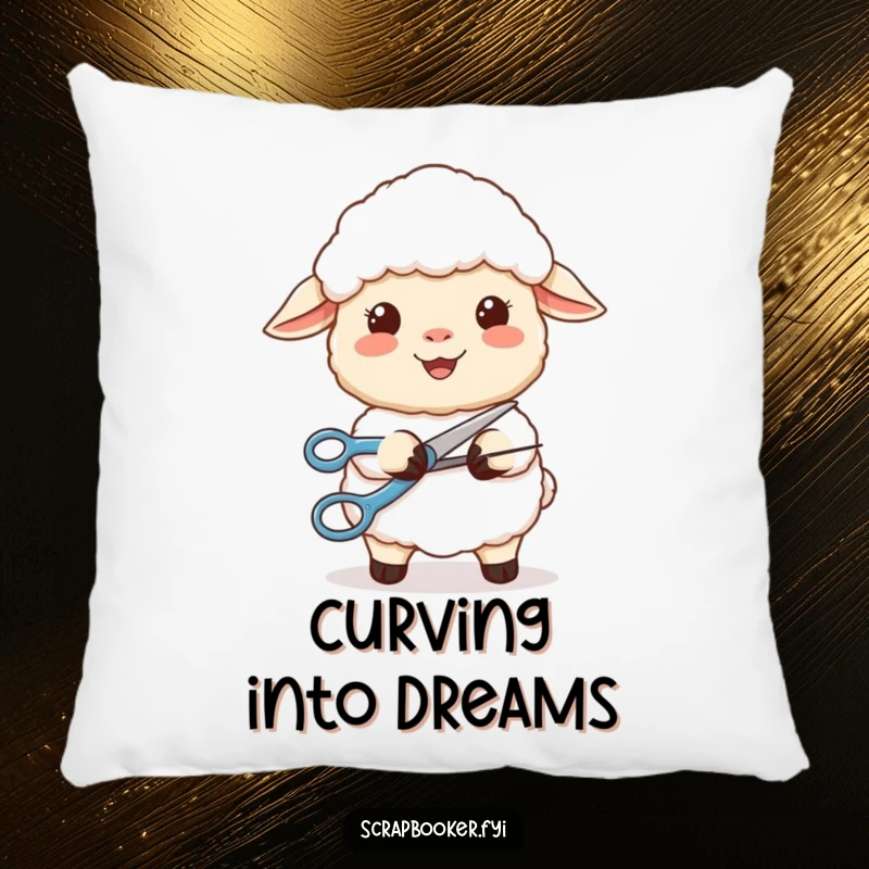 Funny pillow showcasing a content sheep smiling while precisely cutting a perfect curve with scissors, offering comfort and calm.