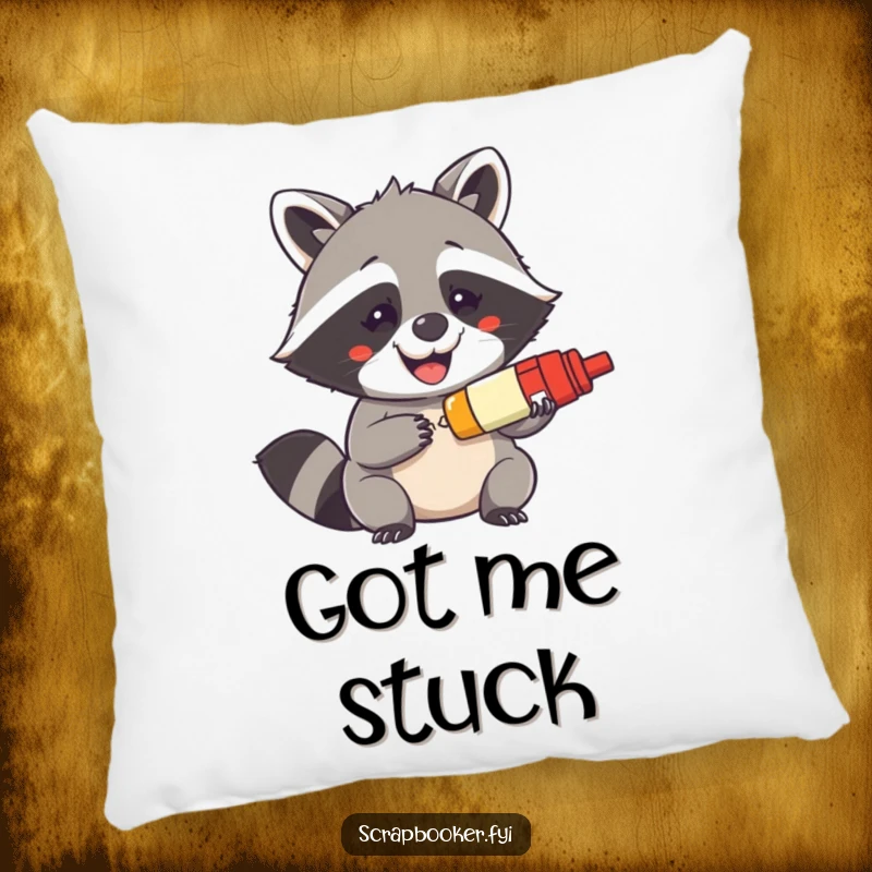 Funny pillow with a mischievous raccoon grinning widely while holding a glue stick, offering comfort and crafty humor.