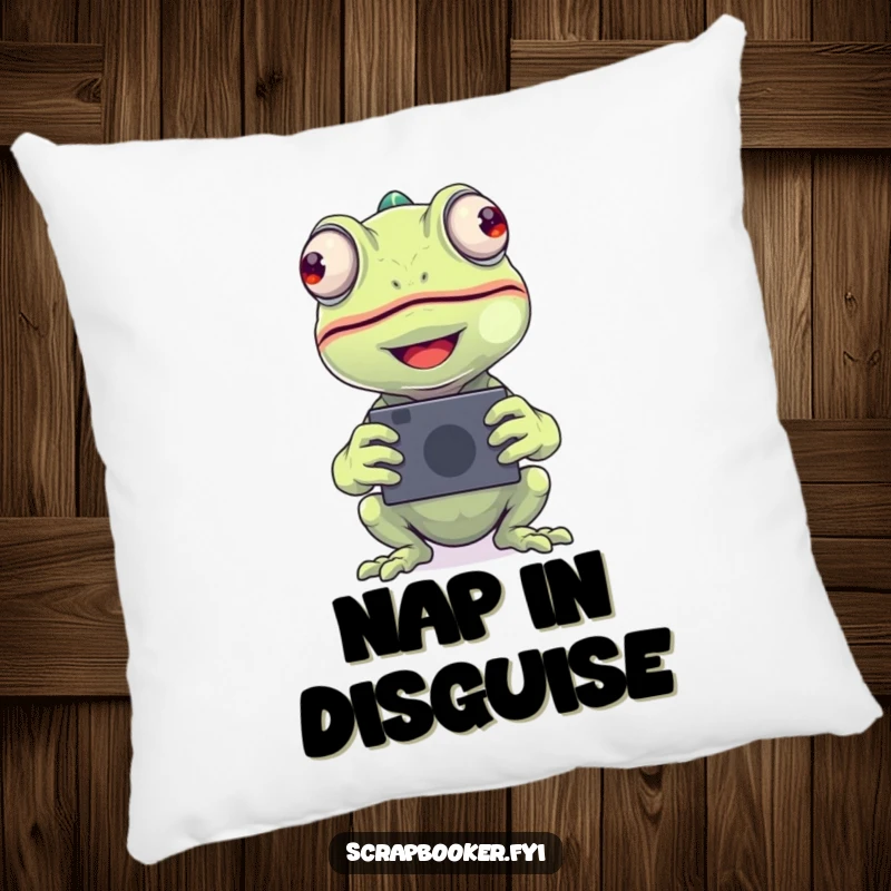 Funny chameleon photo pillow with a beaming chameleon placing a photo, perfect for comfort and as a funny gift.