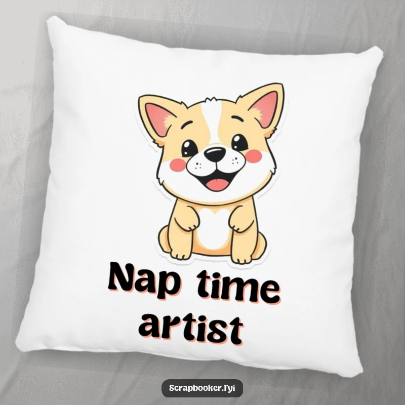 Funny pillow featuring a smiling dog using a stamp to create a cute design on a blank page, offering comfort and pet-themed humor.