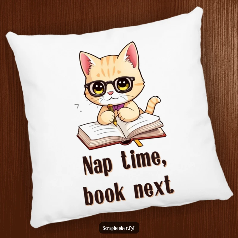 Funny pillow featuring a dapper cat using an ornate bookmark to mark its page. Ideal for adding literary flair and comfort to any room.