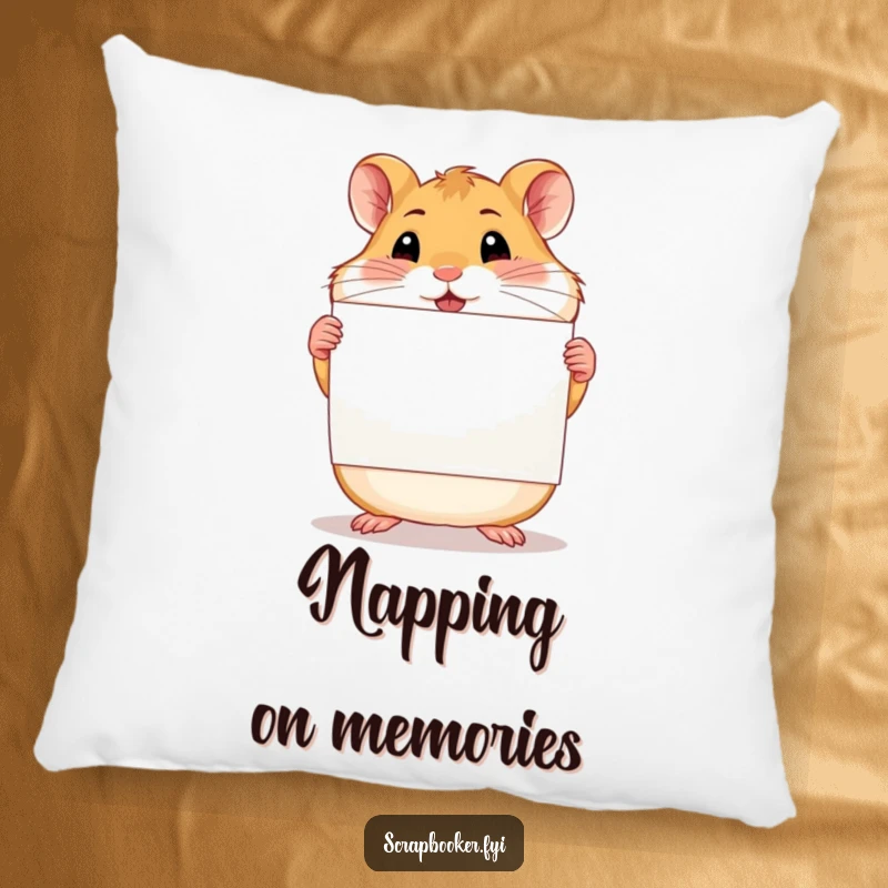 Funny proud hamster holding a completed scrapbook page on a plush pillow, ideal for humorous home decor.