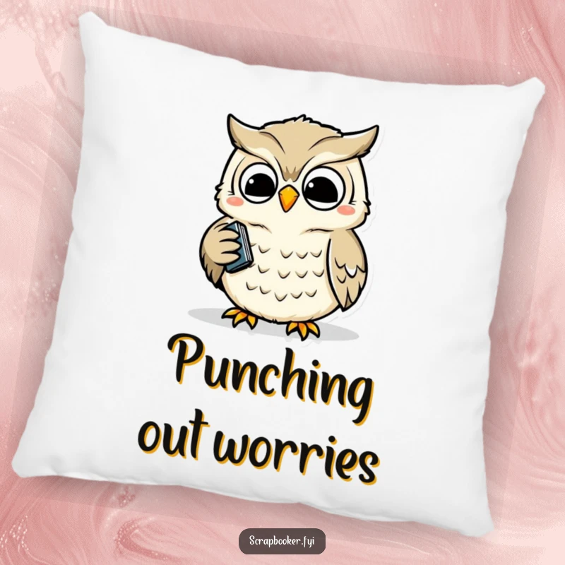 Funny pillow depicting a wise owl happily and precisely operating a hole punch, offering comfort and a touch of organized humor.
