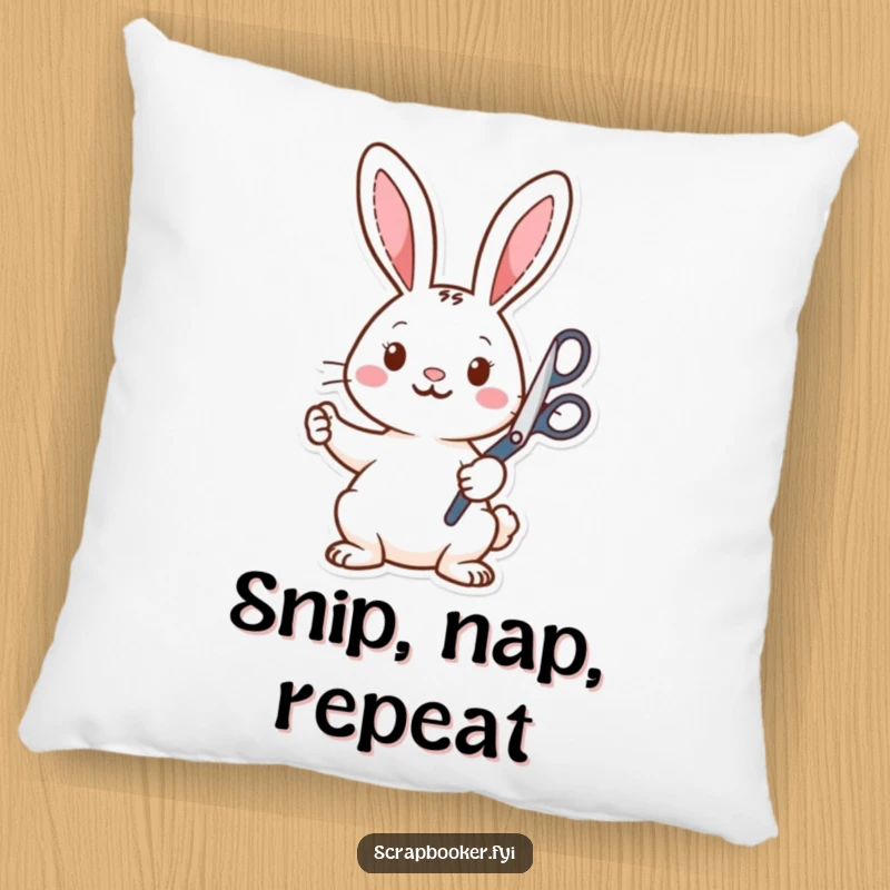 Funny Pillow: Soft and cozy, featuring a rabbit artist with scissors cutting shapes, adding a humorous and artistic touch to decor.