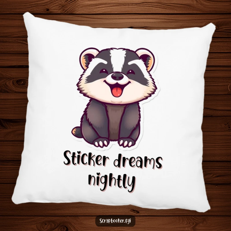 Funny pillow showcasing a badger with a look of intense, happy concentration as it applies a sticker. Soft and humorous.