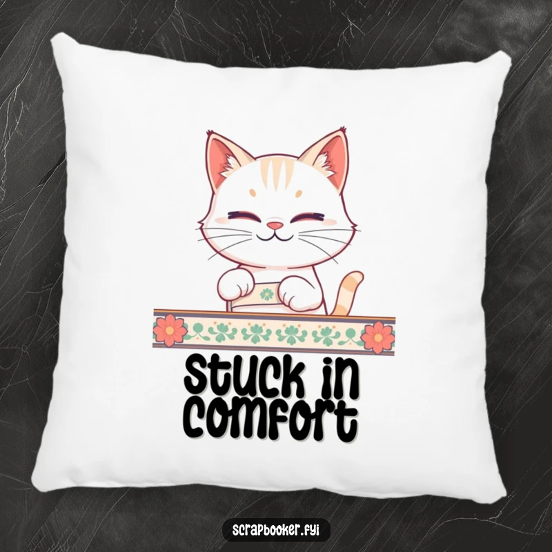 Funny cat tape pillow with a smirking cat peeling tape, perfect for comfort and as a funny gift.