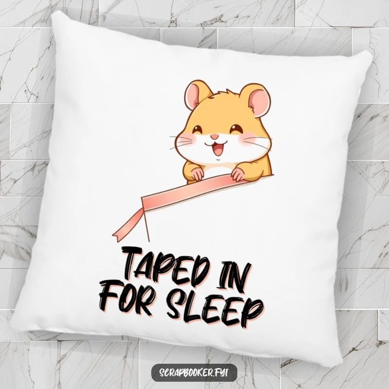 Funny pillow featuring a happy hamster carefully taping a ribbon to a page, perfect for adding charm.