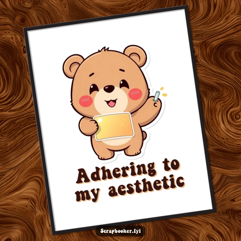 Funny digital art print of a cheerful bear carefully gluing a shiny sticker into place, perfect for instant creative wall decor.