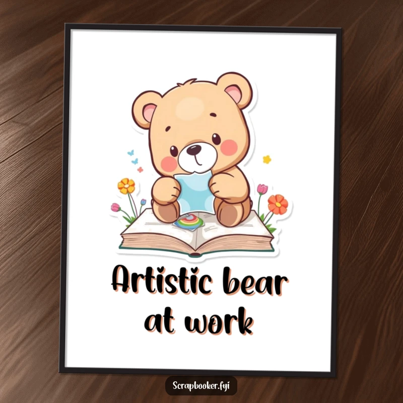 Funny bear digital art print of a bear carefully placing a sticker on a colorful page, highlighting art. Instant gift.