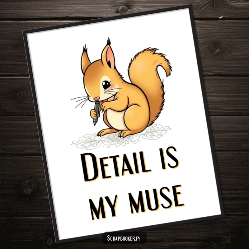 Funny digital art print of a determined squirrel artist drawing intricate patterns with a fine-tip pen, perfect for home or office decor.