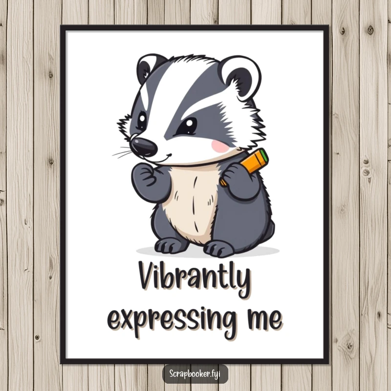 Funny digital art print of a determined badger writing with a bright crayon, perfect for instant bold and artistic wall decor.