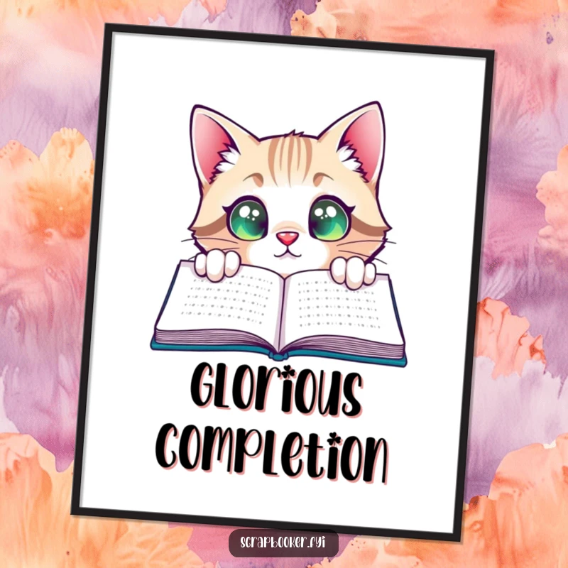 Funny Cat Digital Art: A curious cat peeking with satisfied, wide eyes at a completed page, ready to be printed as literary wall decor.