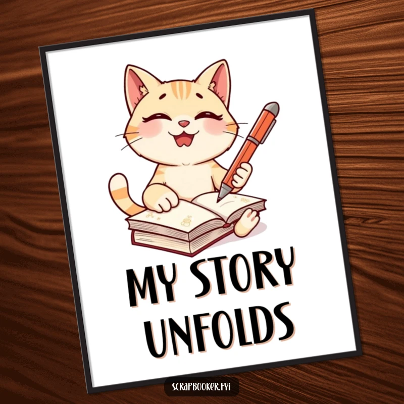 Funny cat digital art print of a giggling character holding a pen, ready to write in a journal, perfect for instant literary decor.