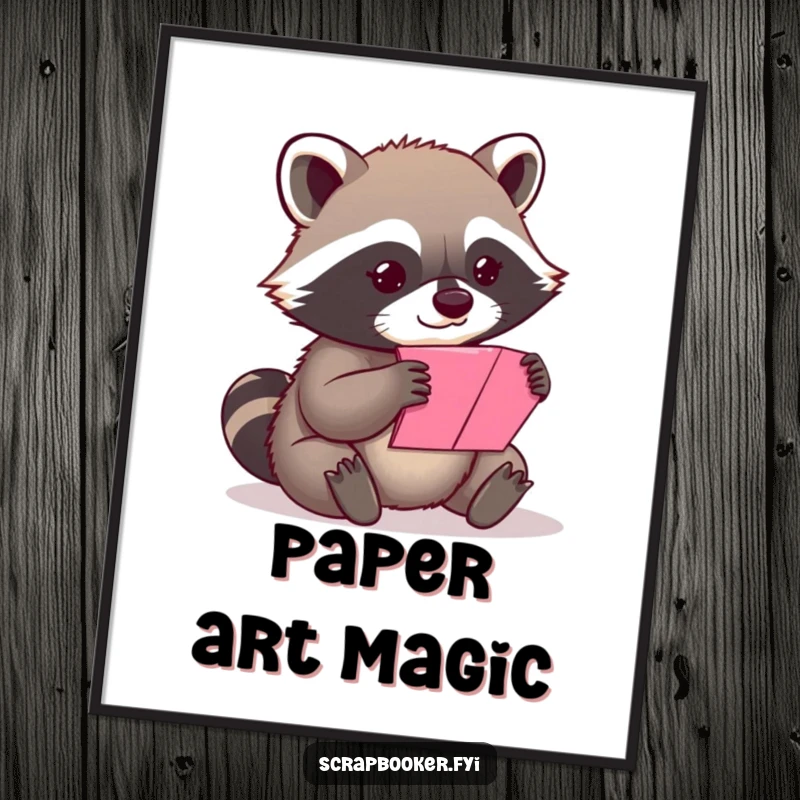 Funny content raccoon carefully folding a vibrant piece of paper, available as a high-quality digital art print.