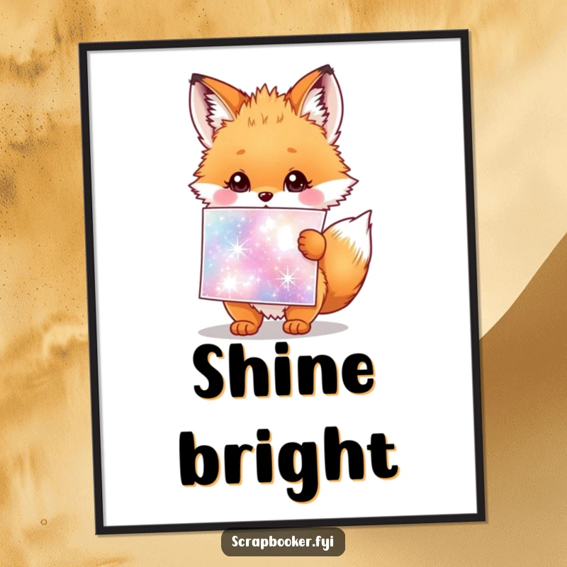 Funny digital art print of a fluffy fox cub holding a giant sparkly sticker sheet, exuding joy.