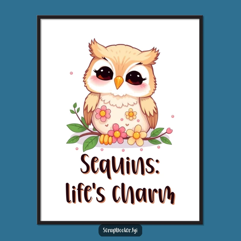 Funny Giggling Owl Flower Sequins Digital Print - Instant Whimsical Decor