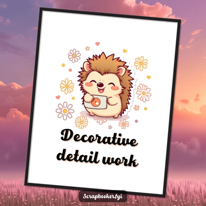 Funny digital art print of a joyful hedgehog happily using a hole punch to create decorative patterns, ideal for decor.