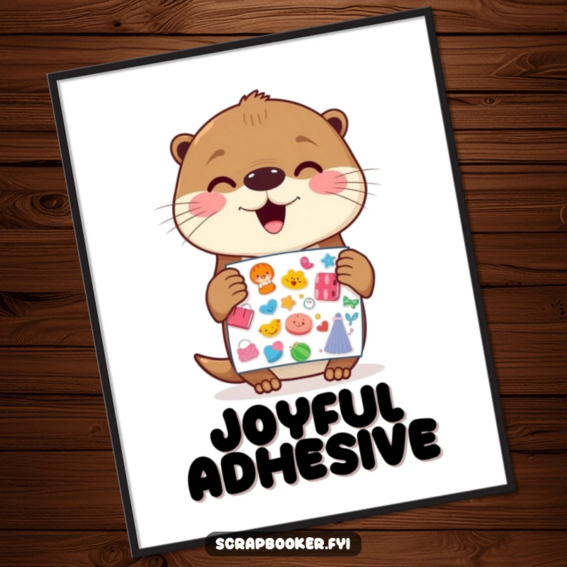 Funny Otter Digital Art: A cheerful otter holding a sticker sheet with gleeful anticipation, ready to be printed as joyful wall decor.