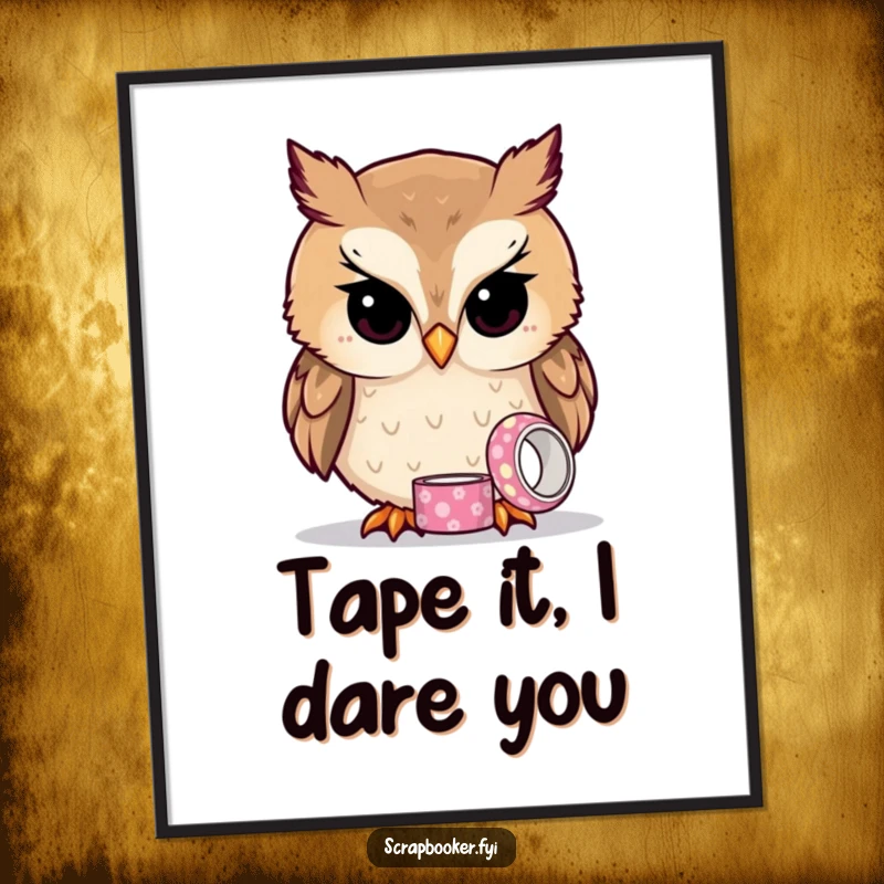 Funny owl digital art print showing a curious owl examining patterned tape, ideal for instant wall decor.